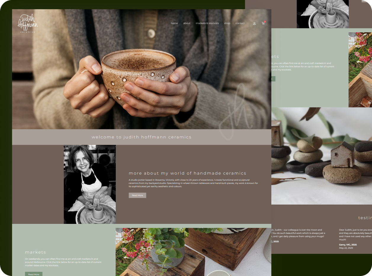 udith Hoffmann Ceramics studio pottery showcasing wheel-thrown tableware and hand-built sculptural pieces with earthy tones.